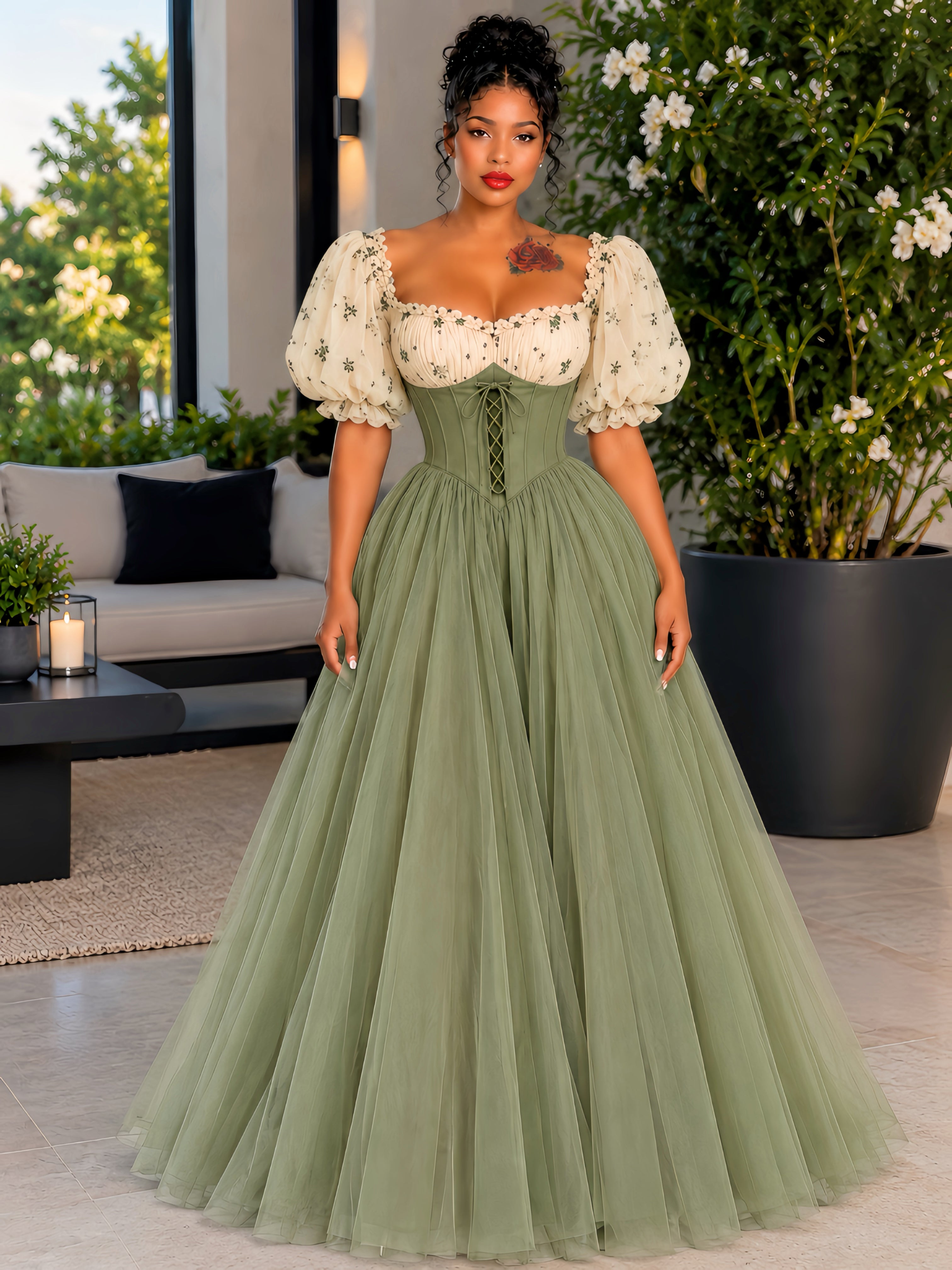Lala Green Sweetheart Puff Sleeve Midi Dress