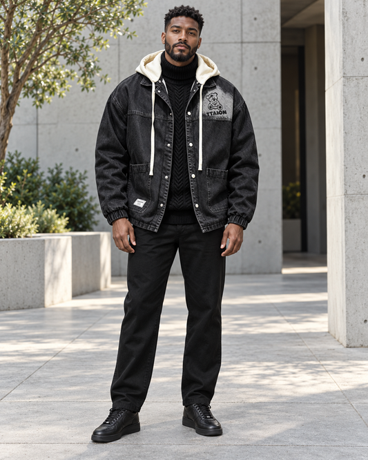 Men's Plus Size Streetwear Washed Snap Down Denim Jacket with Detachable Hood