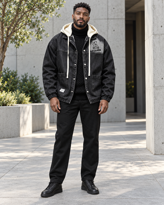 Men's Plus Size Streetwear Washed Snap Down Denim Jacket with Detachable Hood