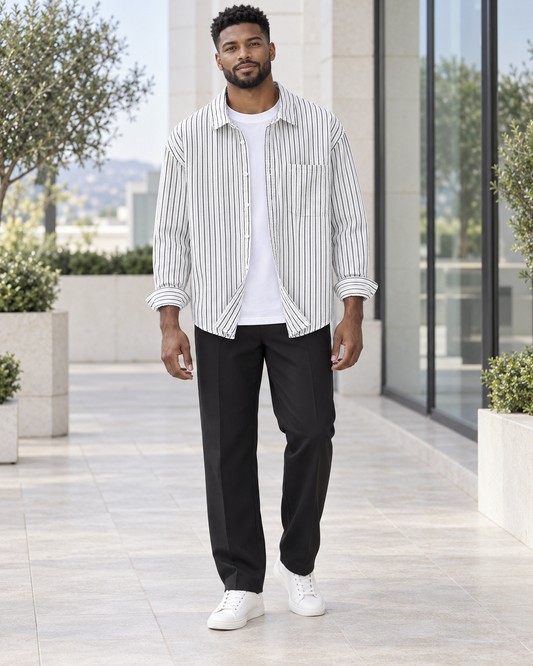 Men's Plus Size Casual Striped Long-Sleeve Button-Down Shirt