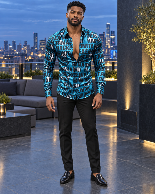 Men's Plus Size Letter Print Slim Fit Long Sleeve Shirt