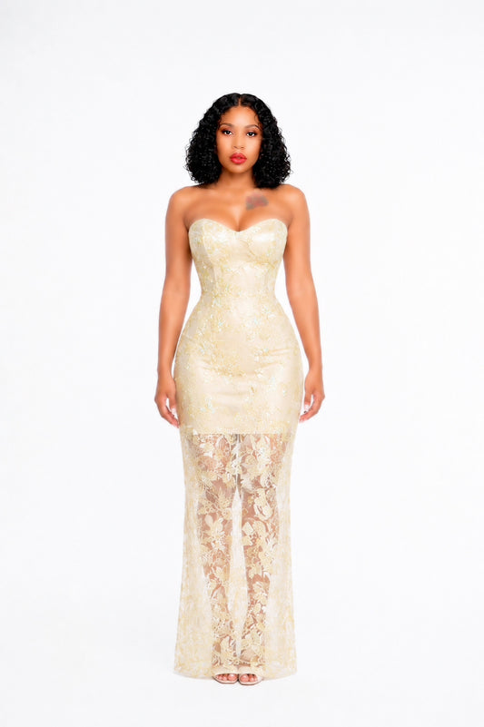 Strapless Sequin Lace Maxi Dress Ivory
