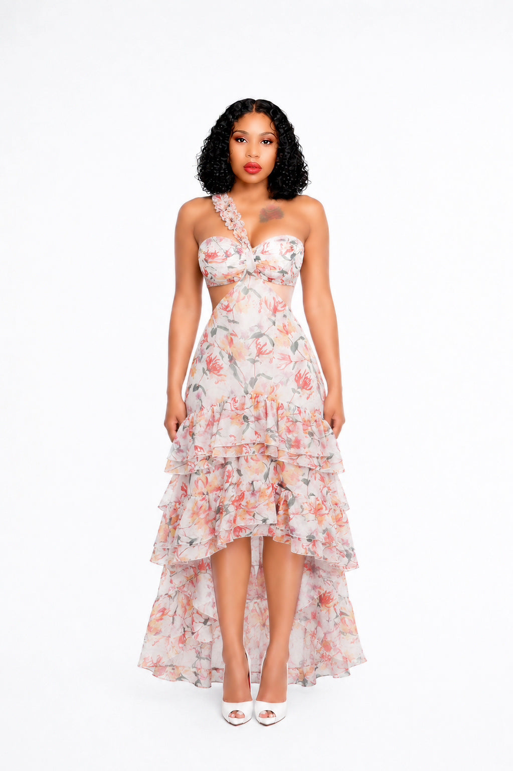 One Shoulder Floral Ruffle Maxi Dress Orange