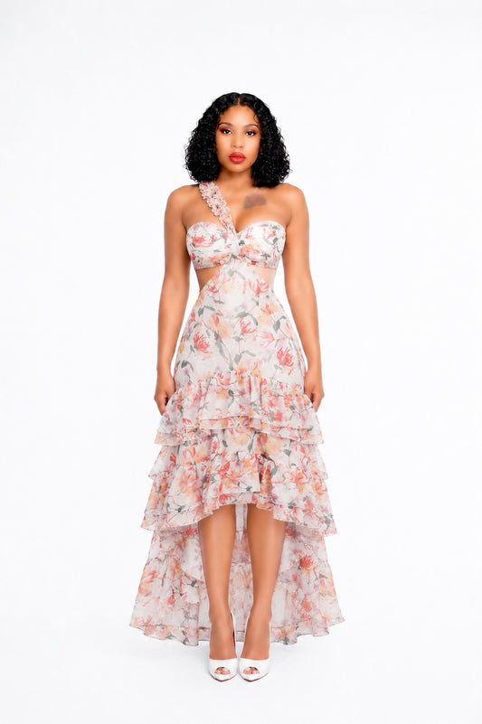 One Shoulder Floral Ruffle Maxi Dress Orange