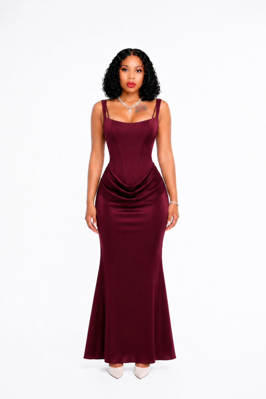 Draped Corset Maxi Dress Burgundy