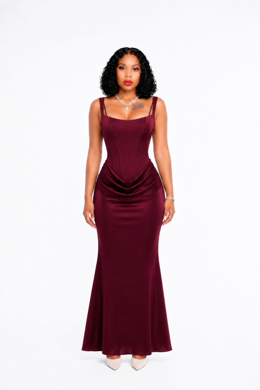 Draped Corset Maxi Dress Burgundy