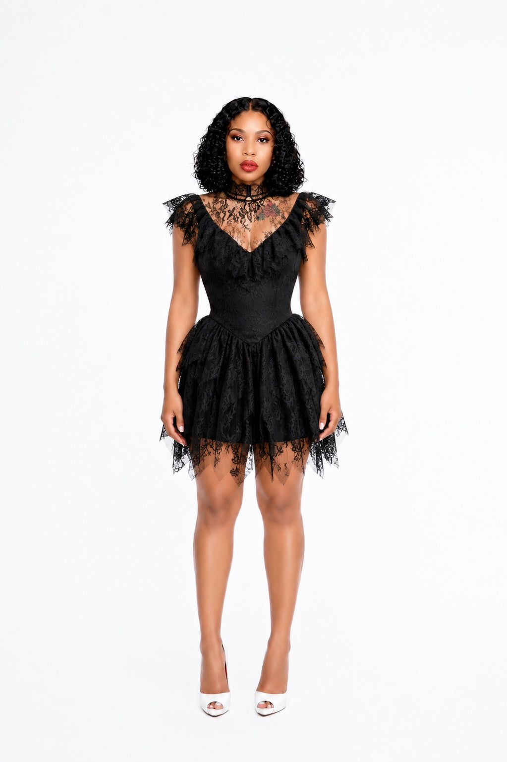 Lace Ruffle A Line Dress Black