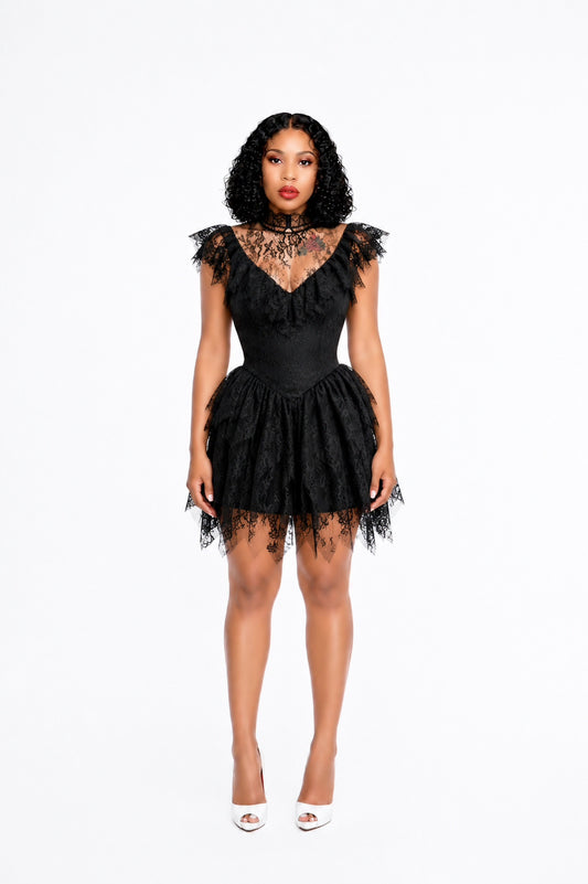 Lace Ruffle A Line Dress Black