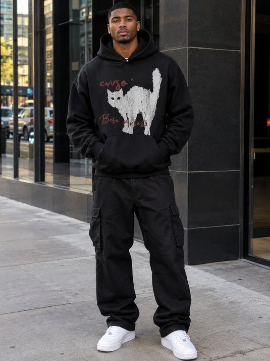 Men's Plus Size Cat Graphic Long Sleeve Oversized Hoodie
