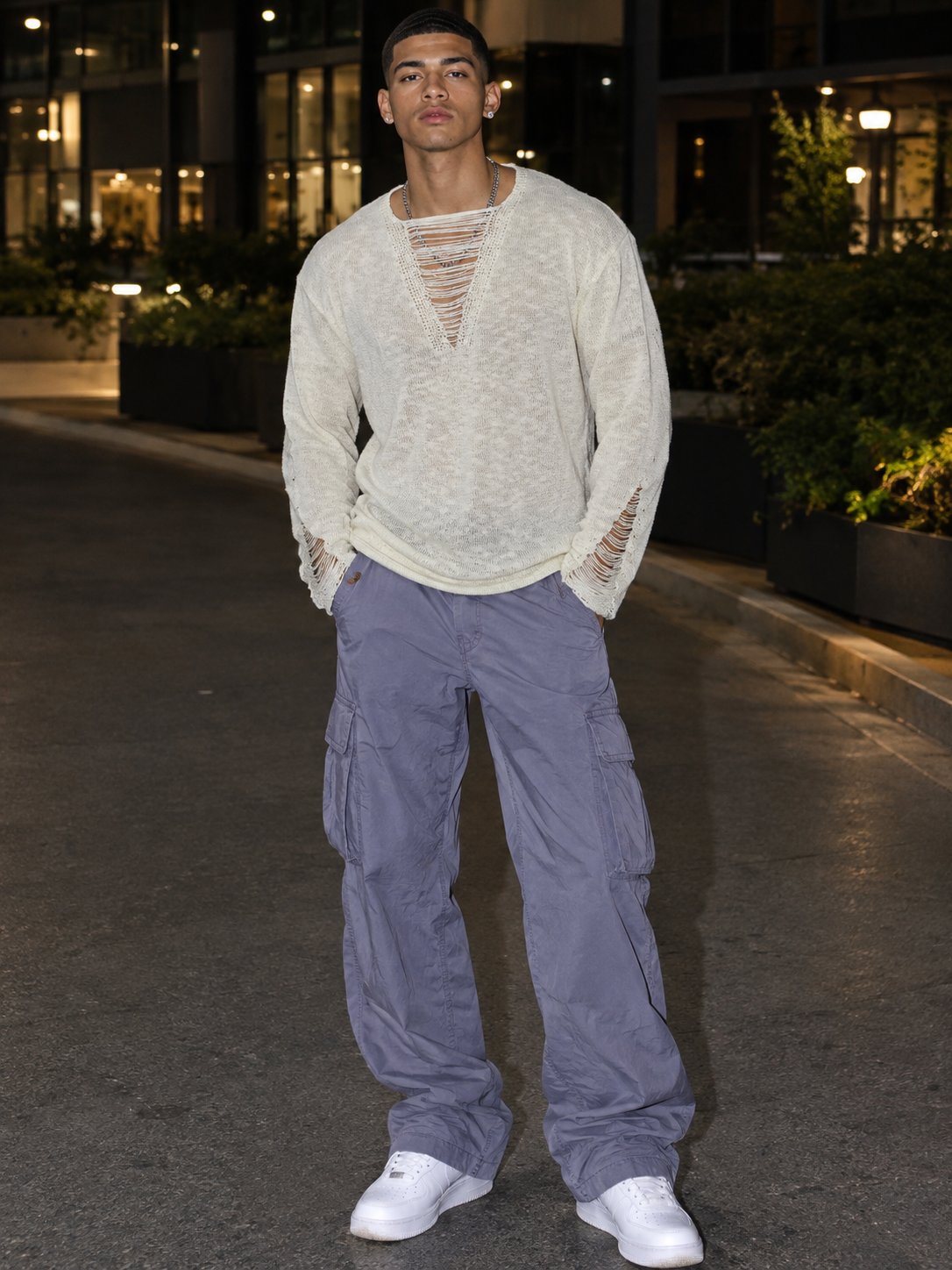 Men's Full Size Distressed Long Sleeve Sweater Plus Size