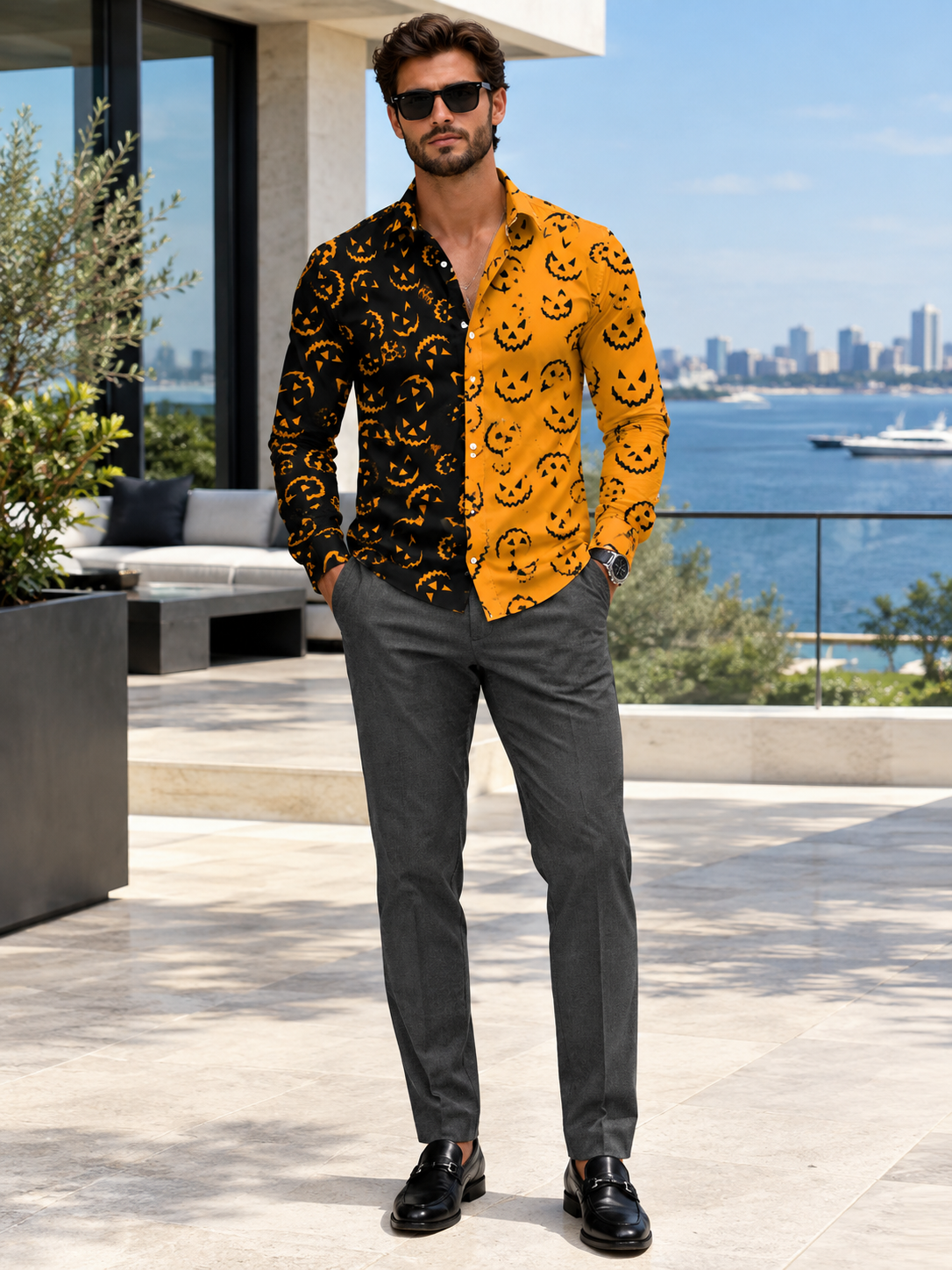 Men's Full Size Halloween Print Long Sleeve Button-Down Shirt Plus Size