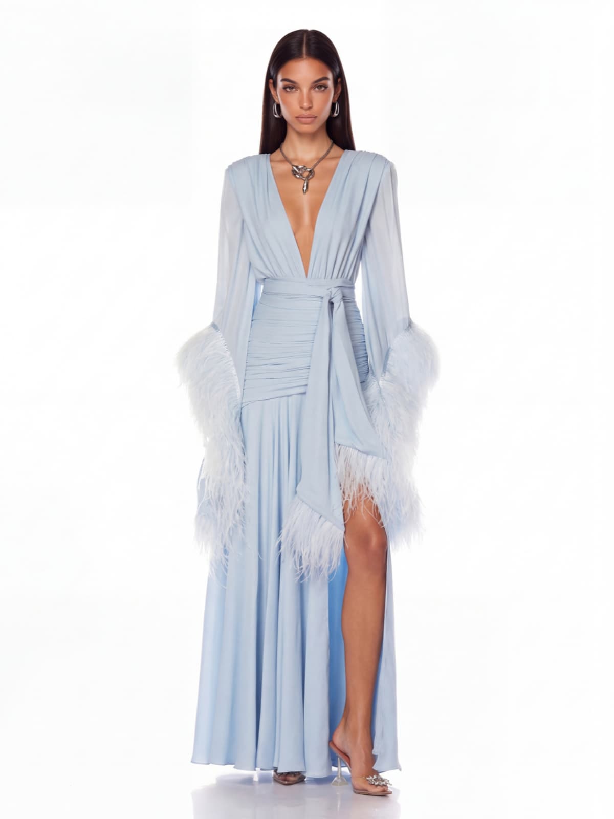 Neck Ruched Split Maxi Dress In Sky