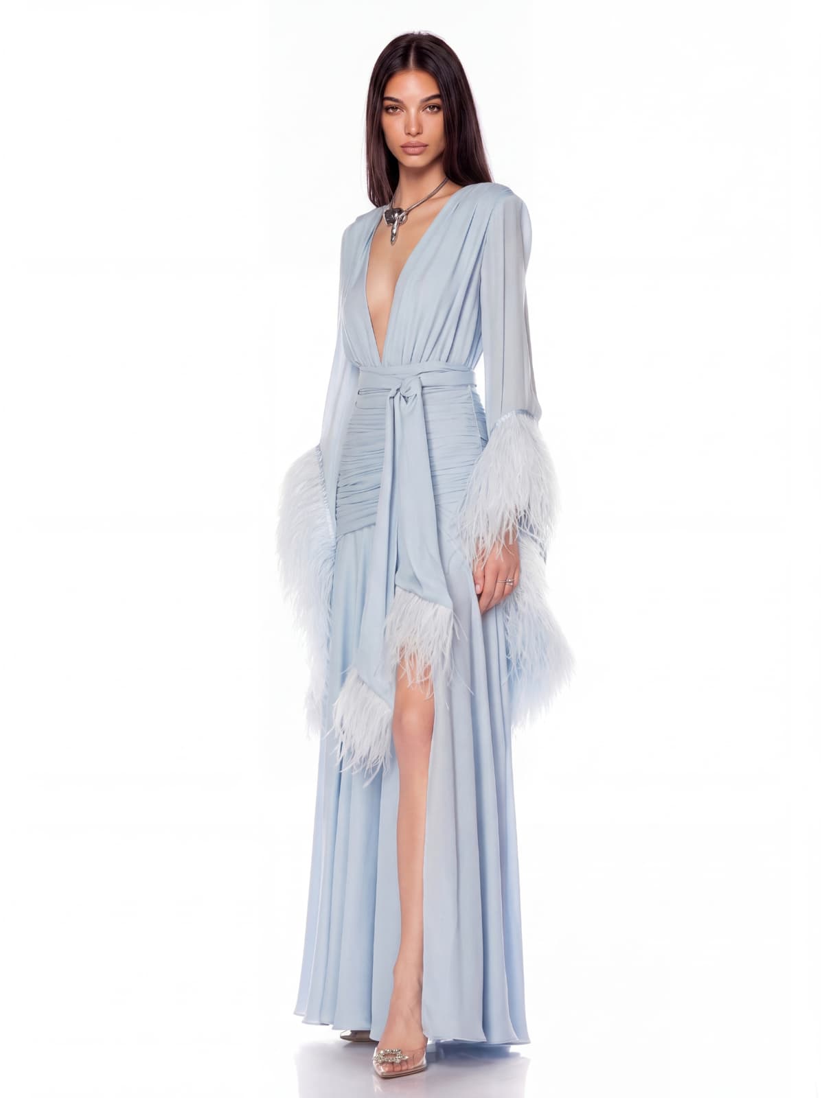 Neck Ruched Split Maxi Dress In Sky