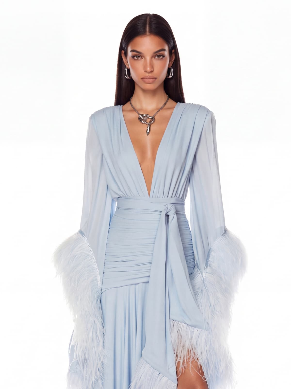 Neck Ruched Split Maxi Dress In Sky
