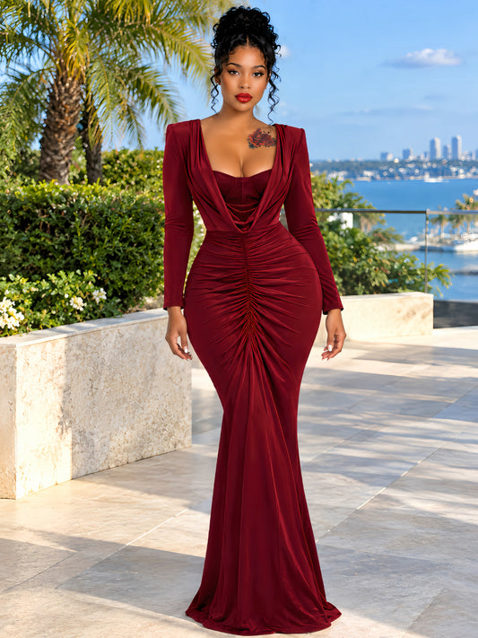 Long Sleeve Draped Bustier Maxi Dress Burgundy