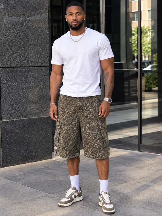 Men's Leopard Print Cargo Wide-Leg Capris