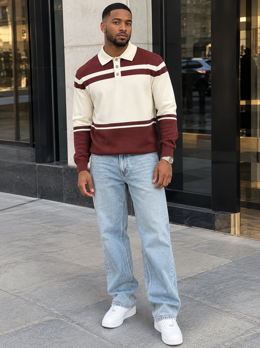 Men's Plus Size Color-Block Striped Polo Collar Sweater