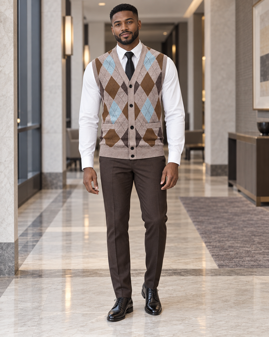 Men's Plus Size Argyle Pattern V-Neck Button-Down Cardigan Vest