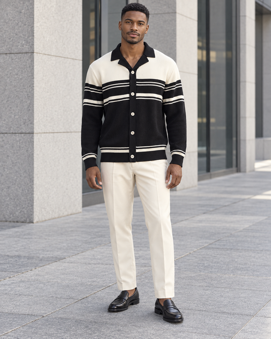Men's Plus Size Contrast Striped Button-Down Cardigan