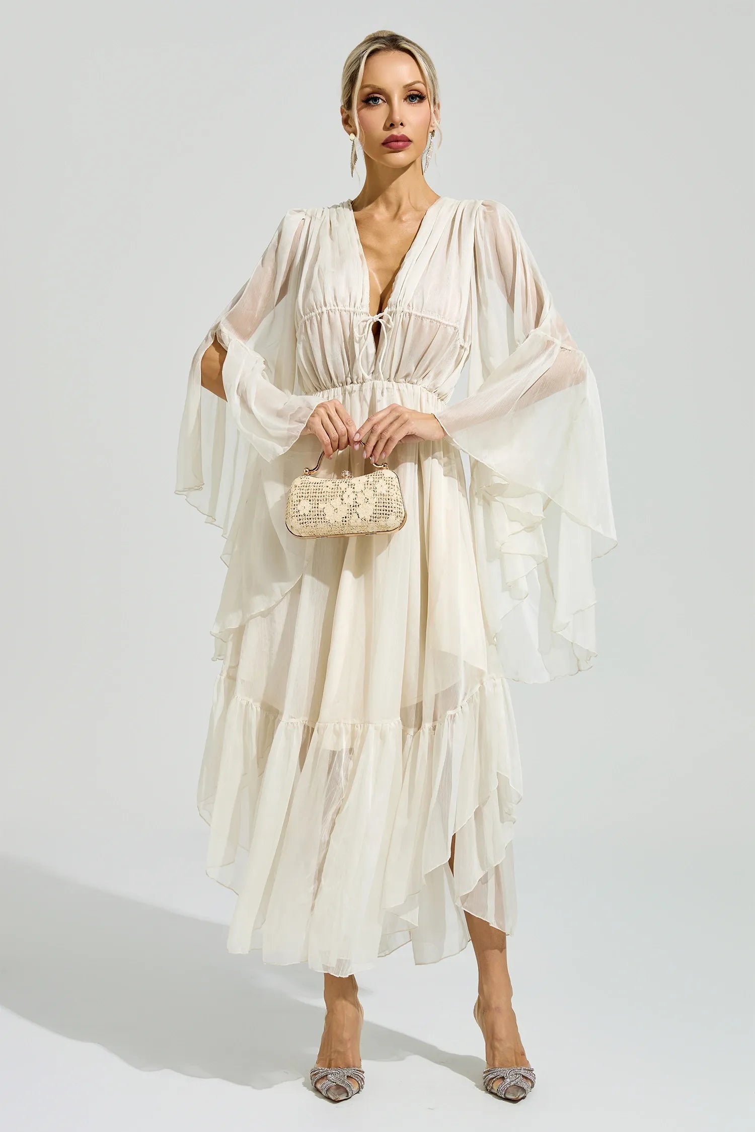Autumn Elegant Retro Pleated V neck Slim Slimming High Waist Ruffle Sleeve Dress for Women
