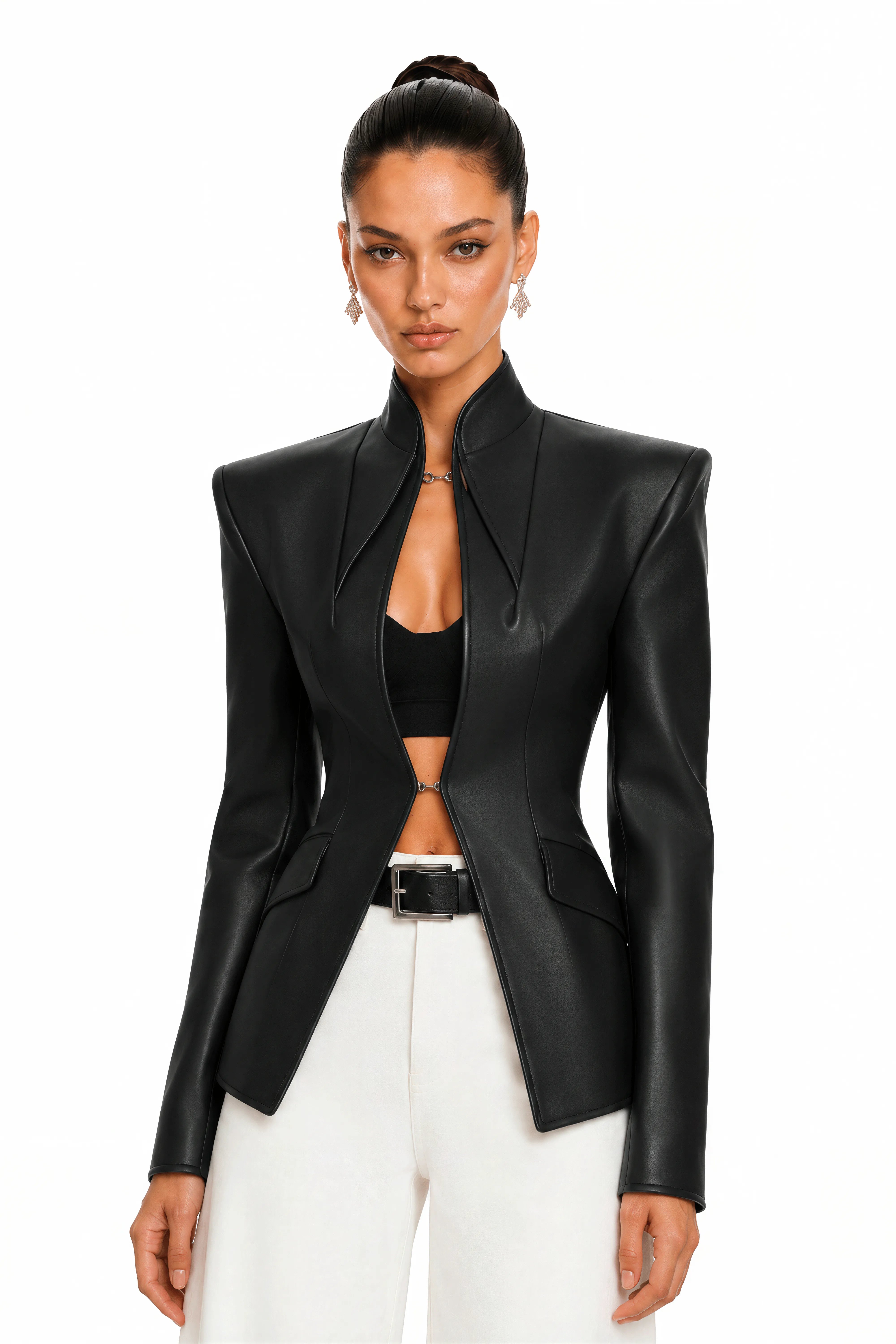 Structured Shoulder Leather Blazer