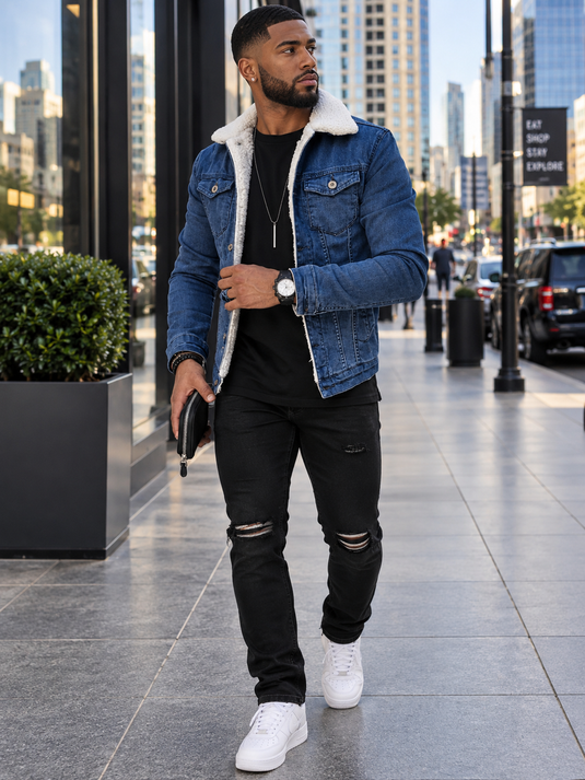Men's Full Size Sherpa-Lined Denim Jacket Plus Size