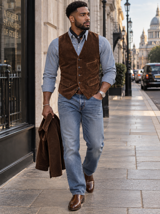 Men's Full Size Vintage Corduroy Button Up Vest Plus Size