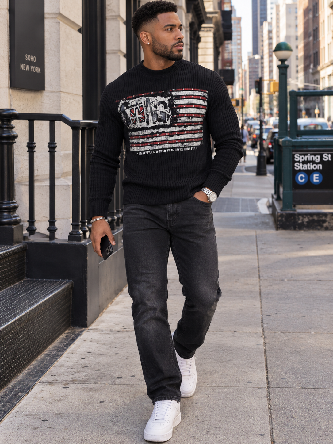 Men's American Flag Ribbed Long Sleeve T-Shirt