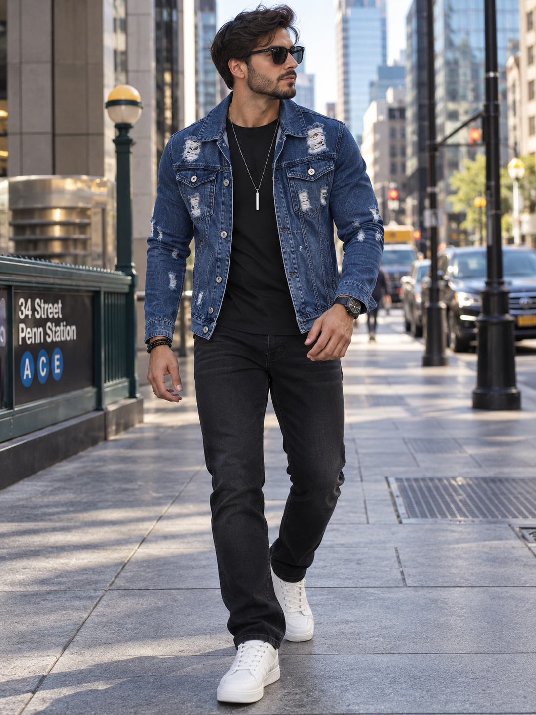 Men's Plus Size Distressed Button Up Denim Jacket