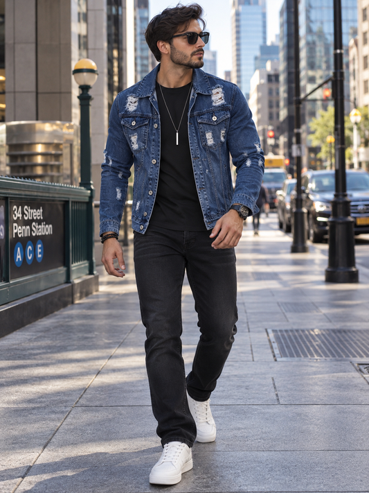 Men's Plus Size Distressed Button Up Denim Jacket