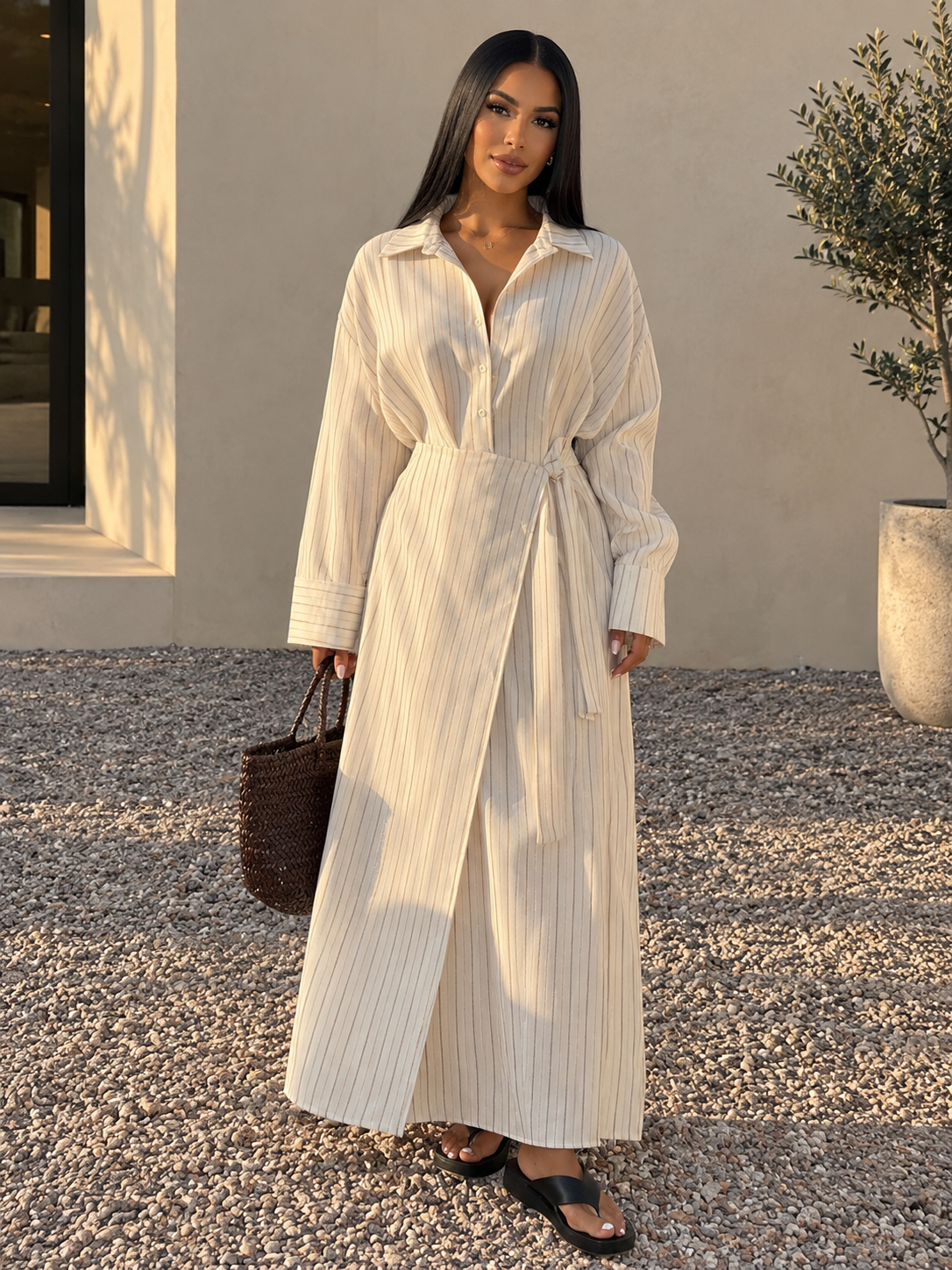 Striped Button-Down Shirt Dress with Waist Tie