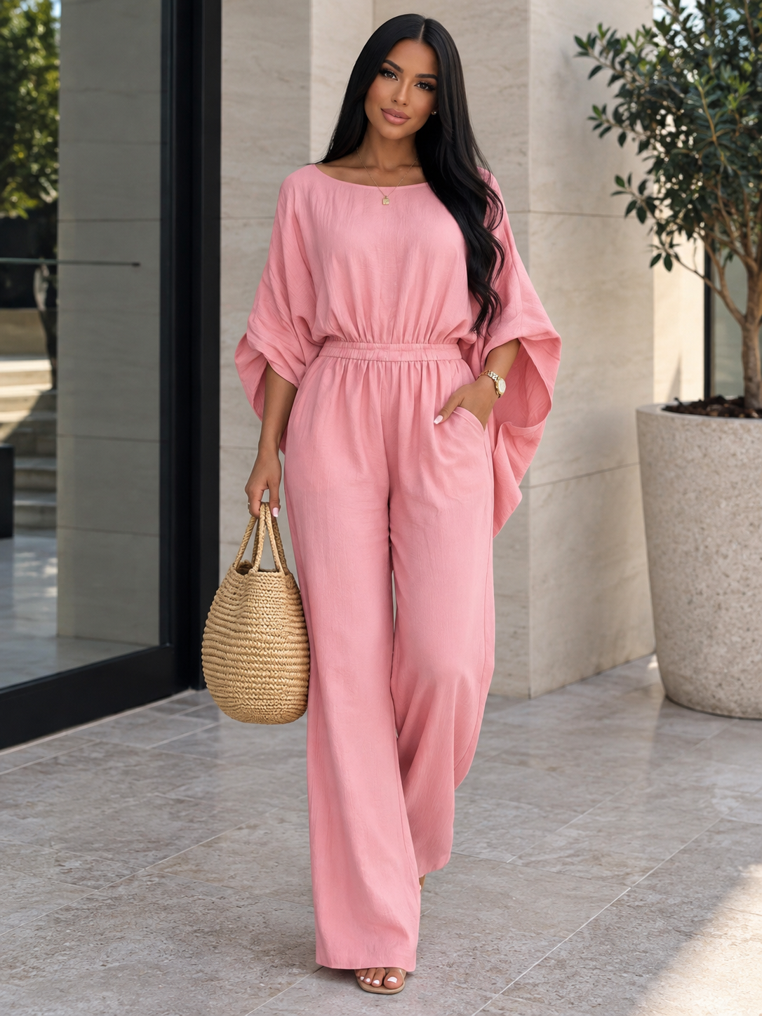 Full Size Boat Neck Batwing Sleeve Wide-Leg Jumpsuit Plus Size
