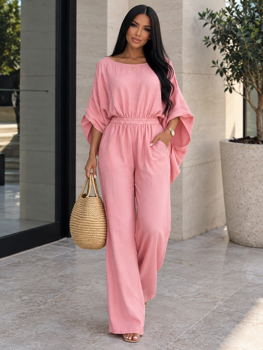 Full Size Boat Neck Batwing Sleeve Wide-Leg Jumpsuit Plus Size