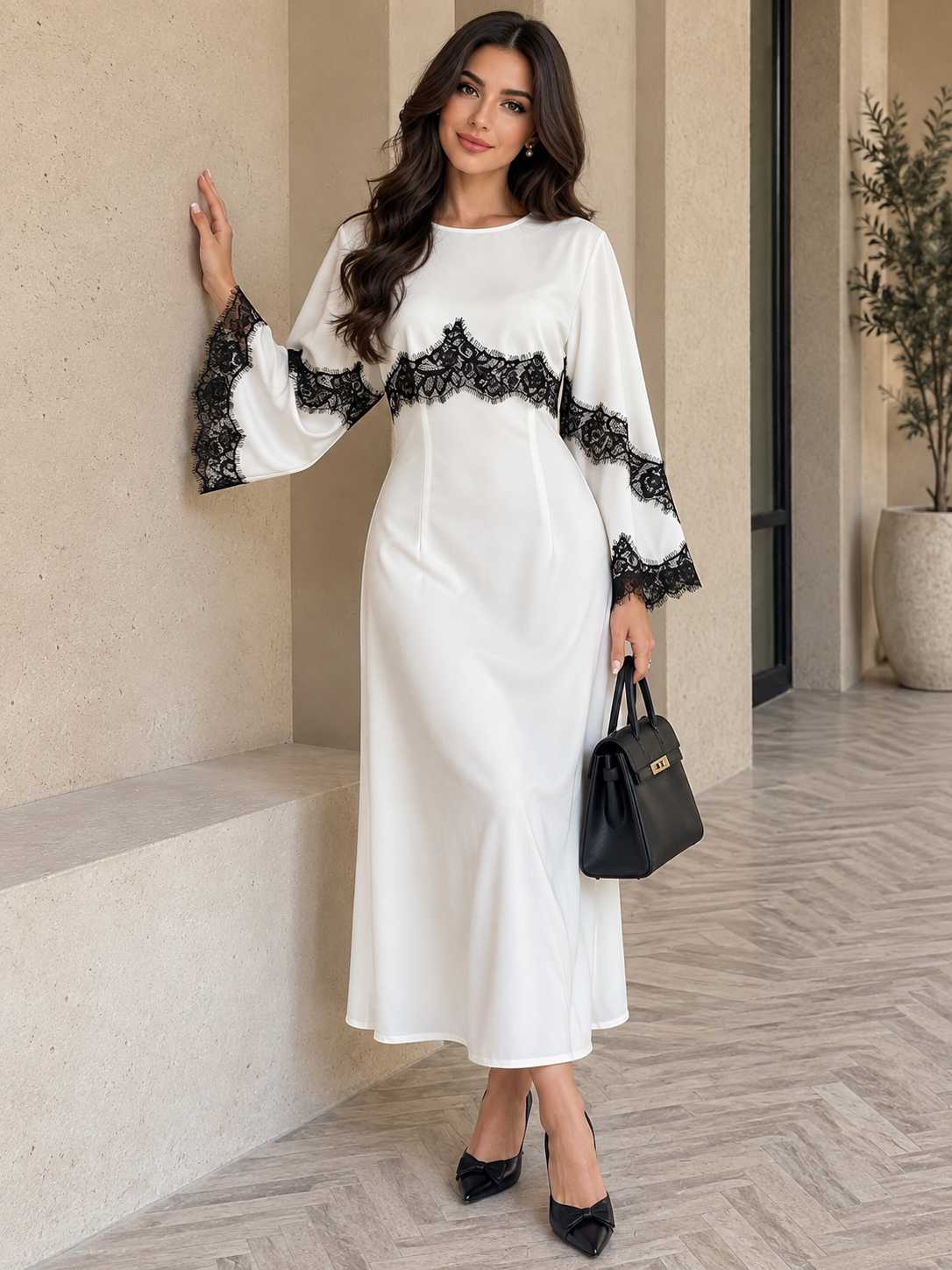 Lace Trim Round Neck Midi Dress