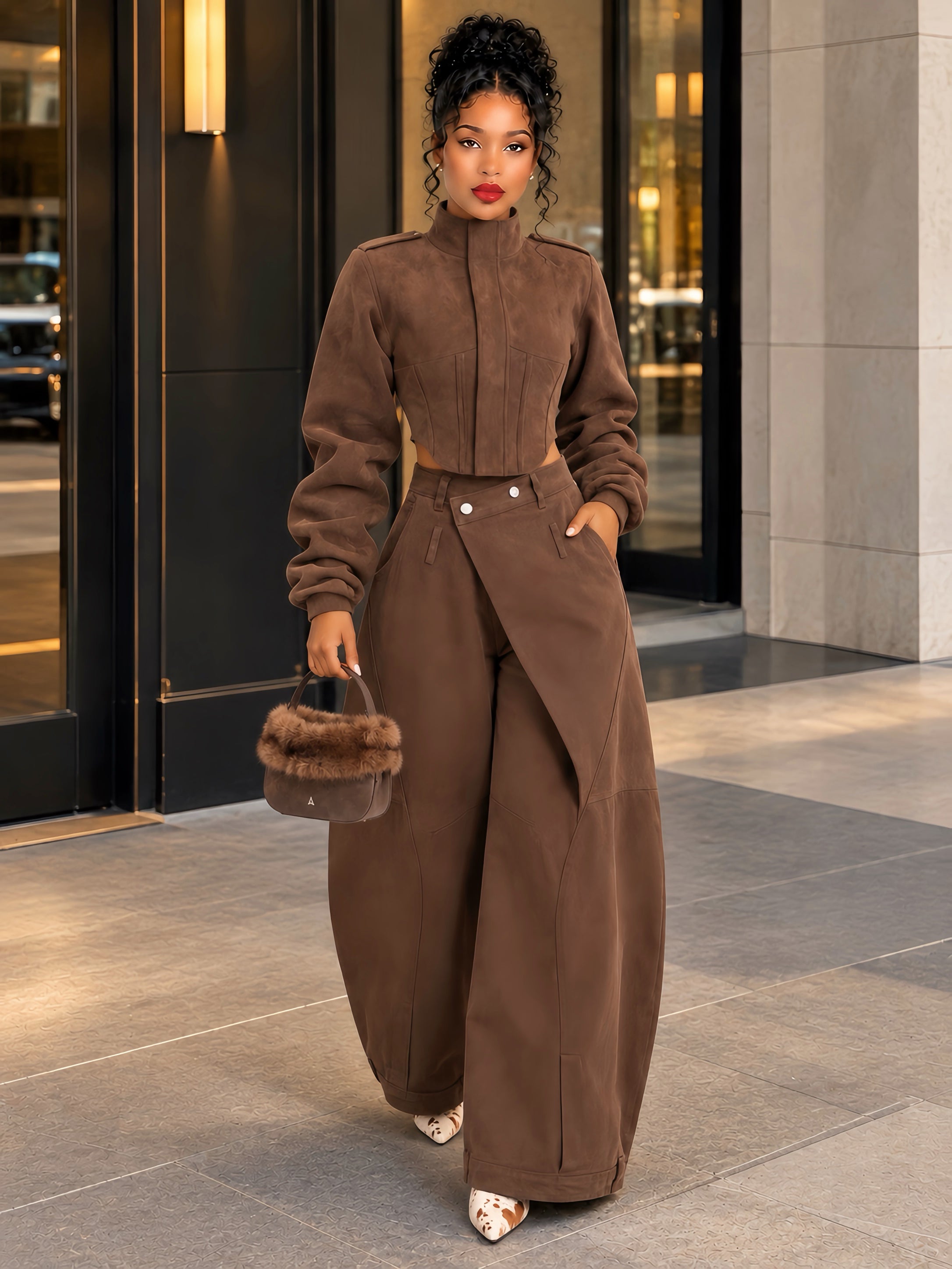 Chocolate Brown Sculpted Wide-Leg Pants