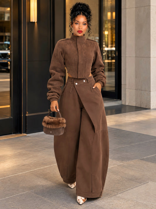 Chocolate Brown Sculpted Wide-Leg Pants