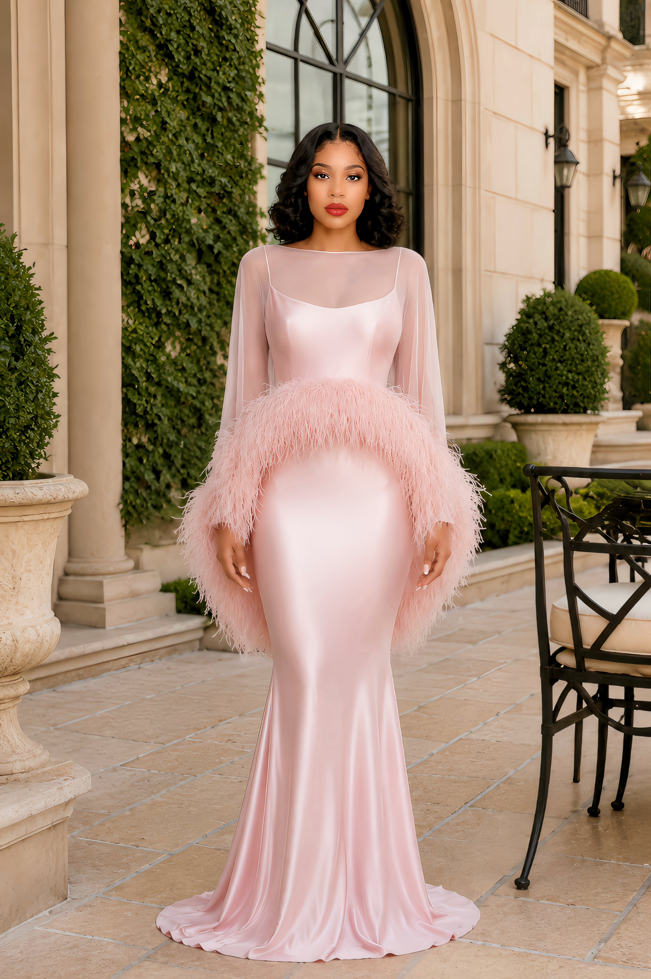 Pink Maxi Dress & Shawl Set with Feather Trim