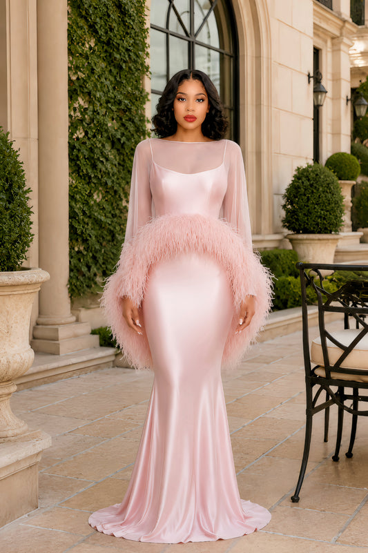 Pink Maxi Dress & Shawl Set with Feather Trim