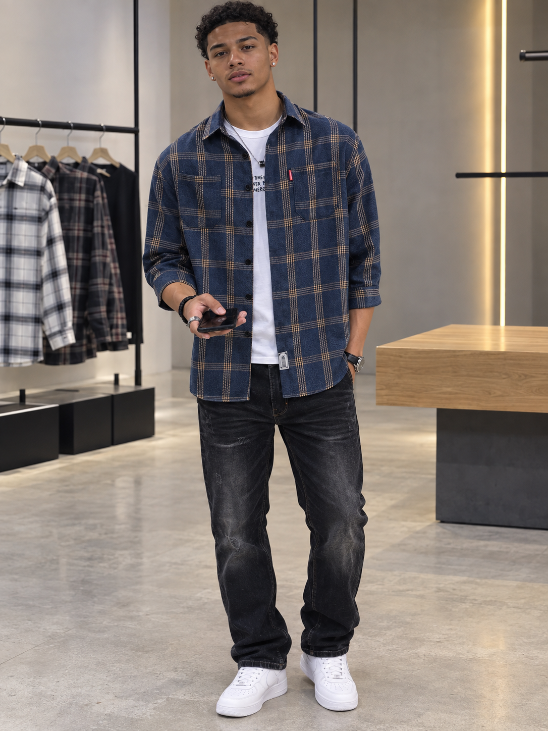 Men's Plus Size Casual Plaid 3/4 Sleeve Shirt