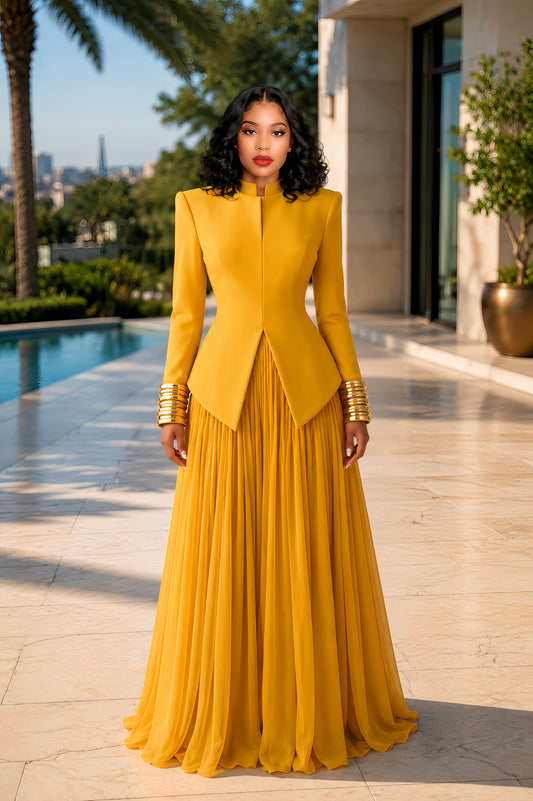 The Bianca Luxe Pleated Gown – yellow