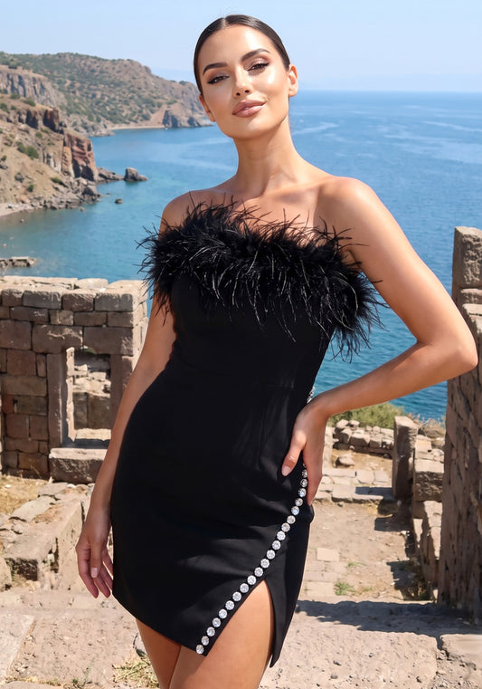 Strapless Feather Crystal Dress Black