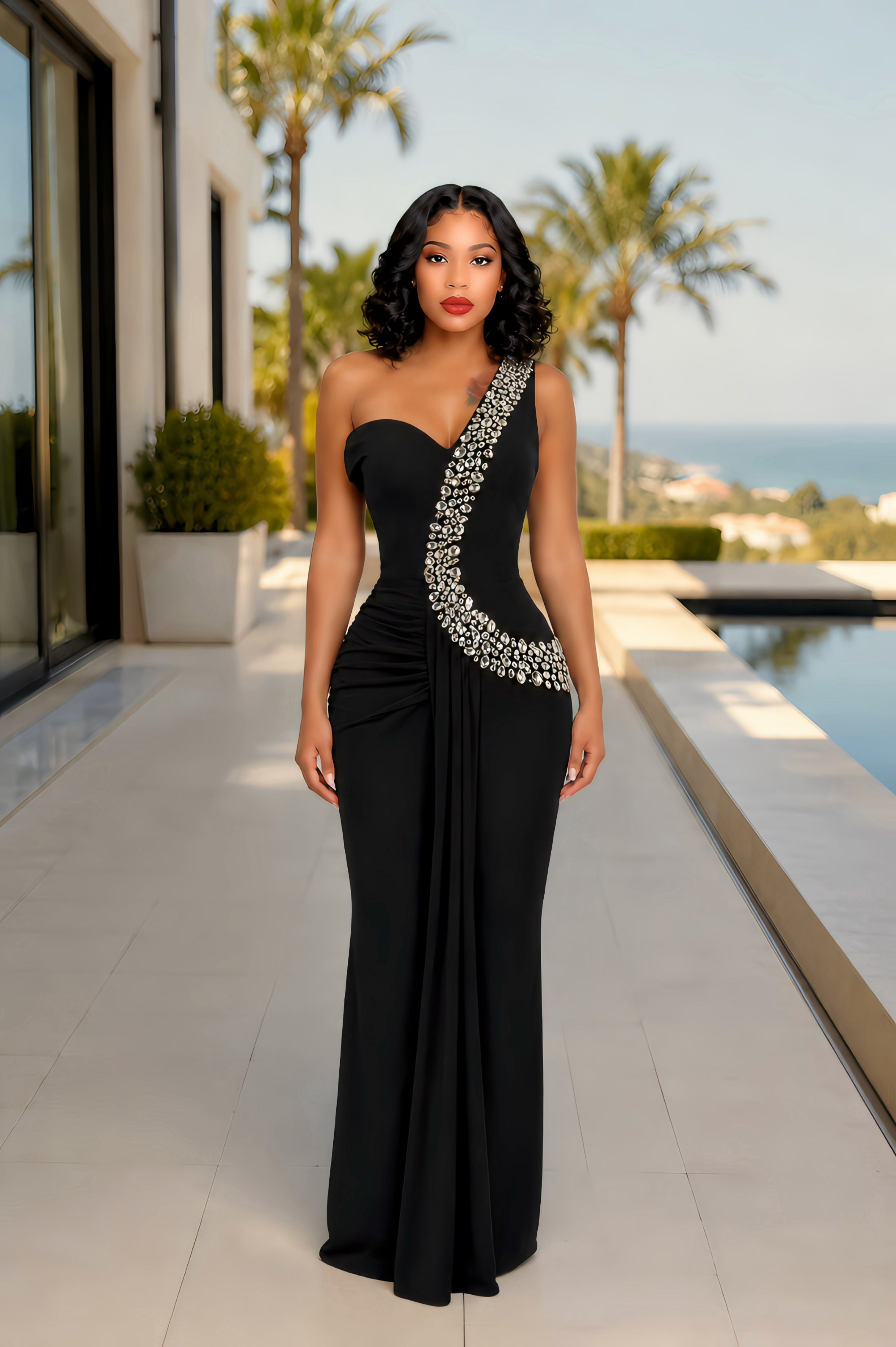 Scarlet Royale One-Shoulder Embellished Evening Dress