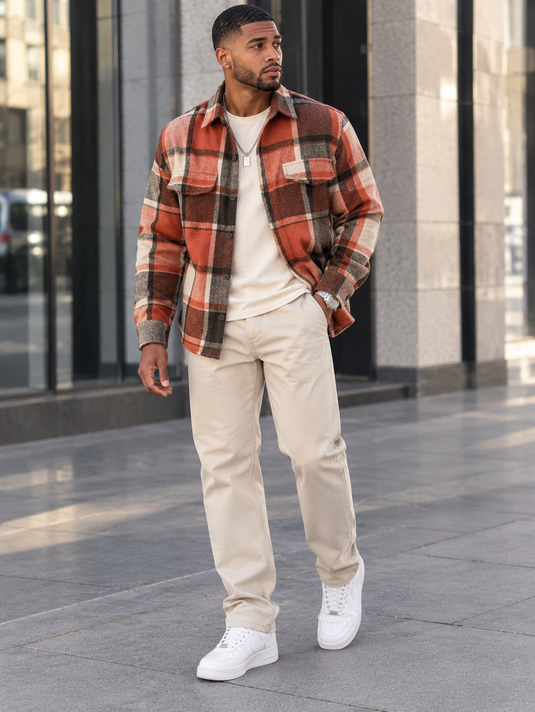 Men's Full Size Casual Plaid Button Up Shirt with Dual Chest Pockets Plus Size