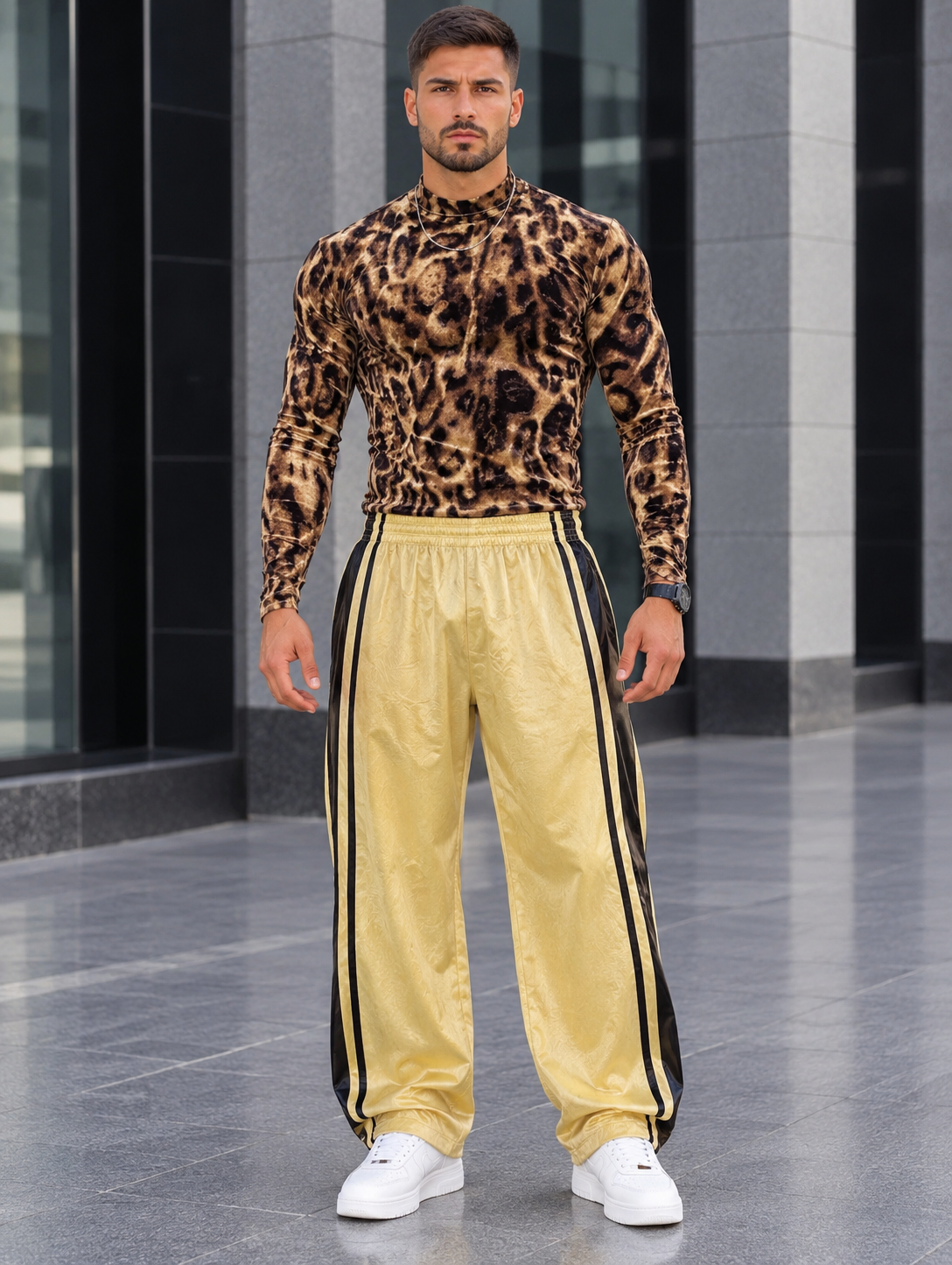 Men's Full Size Leopard Velvet Mock Neck Long Sleeve T-Shirt Plus Size