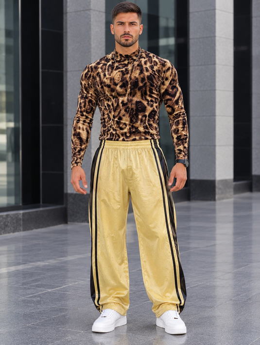 Men's Full Size Leopard Velvet Mock Neck Long Sleeve T-Shirt Plus Size