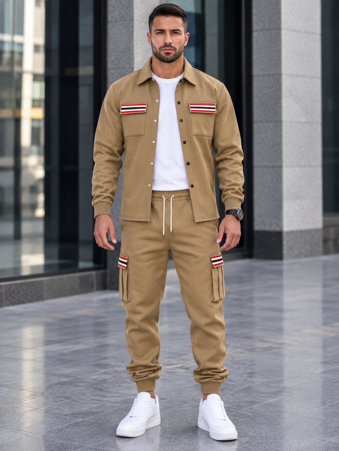 Men's Full Size Collared Neck Shacket and Pants Set Plus Size