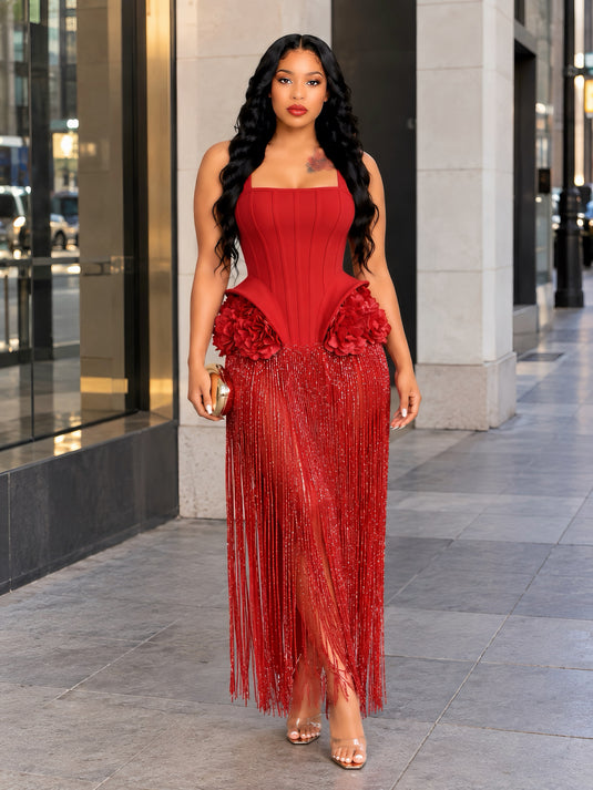 Petal Detail Tassel Maxi Dress Red