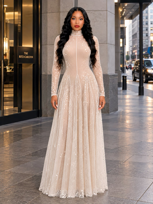 Long Sleeve Sequin A Line Maxi Dress Nude