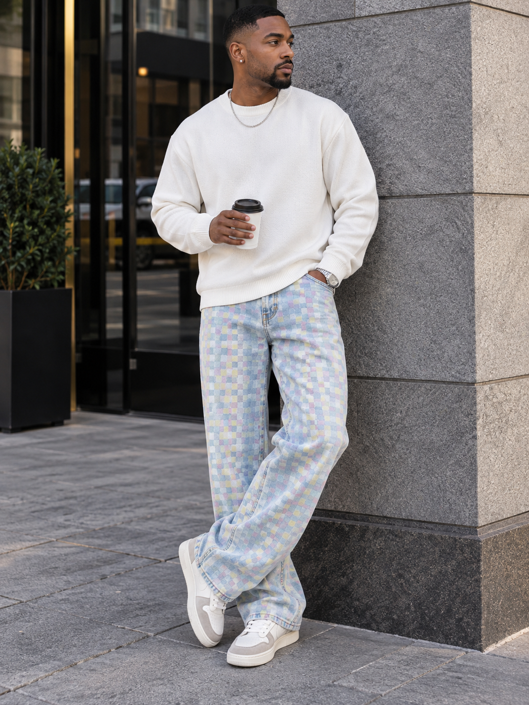 Men's Full Size Pastel Checkerboard Wide-Leg Jeans Plus Size
