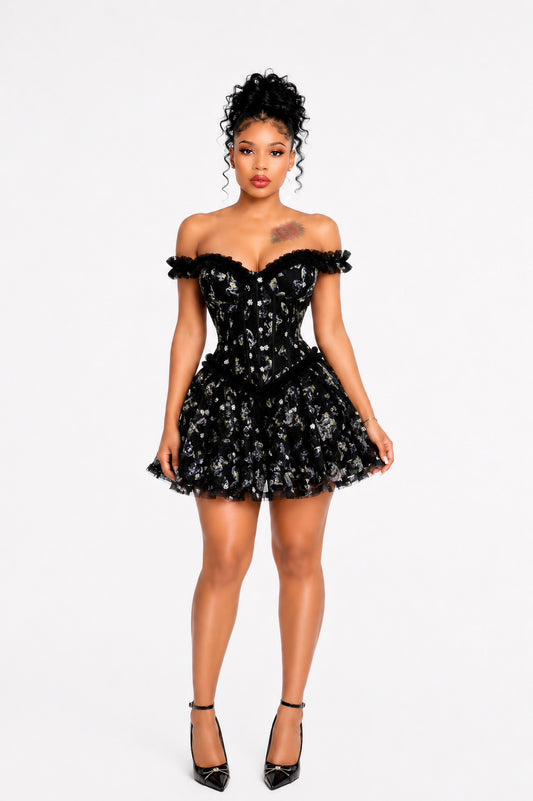 Ruffle Bardot Floral A Line Dress Black